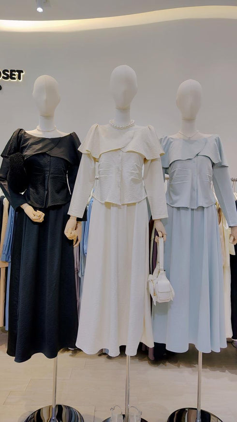 Wide Boat Neck Draped Tops With Skirts